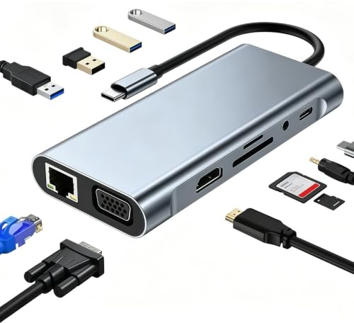 11-in-1 Hub USB Ethernet HDMI 4K VGA Ethernet PD 100W SD TF Audio 3,5 mm | Multipuerto USB Tipo C para MacBook para iPad para Dell para HP para Surface