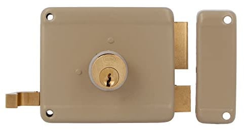 Amig - Cerradura de Sobreponer de Derecha con palanca de Cierre, Lengüeta y Tirador para Puertas de Madera Mod. 78-100 x 85 mm - Pestillo con Cilindro Redondo de Serreta - Acero Beige
