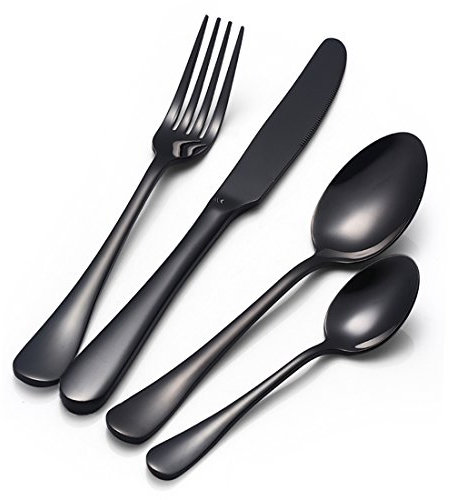 Buyer Star 4 Piezas Juego de Cubiertos Utensilios Negro Cubertería Conjunto utensilio Acero Inoxidable Cuchara Cuchillo Tenedor Cucharilla Cuberterías combinadas