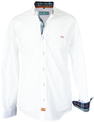 Pi2010 Camisa Bandera de España Hombre Blanco con Cuadro escoces, Fabricado en España Talla XL
