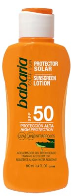 Babaria - SPF50+ UVA-UVB- und Infrarot-Sonnenschutzmilch, Bräunungsbeschleuniger, enthält Aloe Vera, wasserfest, vegan, Unisex — 100 ml
