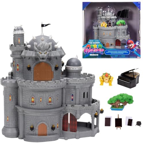 Super Mario Galaxy“-Film Bowser-Schloss-Spielset, offiziell lizenziert von Jakks Pacific, enthält eine 3,8 cm große, bewegliche Mini-Figur und Charakter-Zubehör, 3 Spielebenen, wärmeaktivierte Bilder