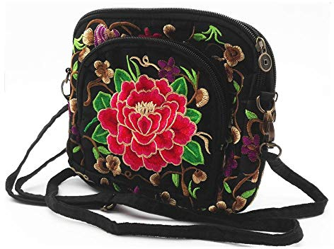 candygirlft Damen Handtasche, Ethno-Stil, Segeltuch, bestickt, (Umhängetasche mit gesticktem Blumenmotiv), Small