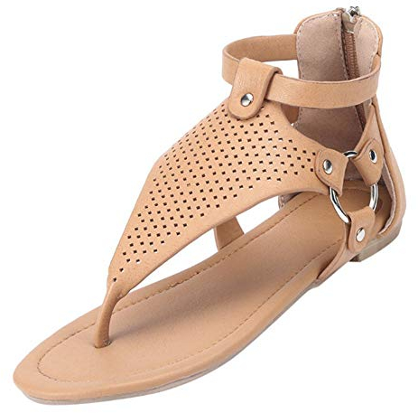 Strandschuhe Riemchensandalen Eu35-Er43,Römische Zehenriemen-Damensandalen, Durchbrochene Flache Sandalen, Große Schuhe Mit Reißverschluss Hinten, 42, Braun