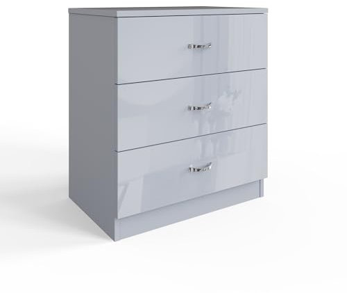FWStyle High Gloss Grey 3 Chest of Drawer Modern Bedroom Cabinet Furniture Curved Metal Handles
