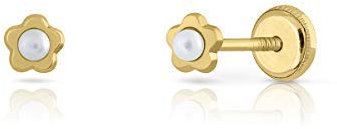 Rosa di Manuel - Orecchini in oro 18 kt per neonati, da bambina o donna, modello cuore o fiore, con perla coltivata e chiusura di massima sicurezza Misura del gioiello 4 millimetri.