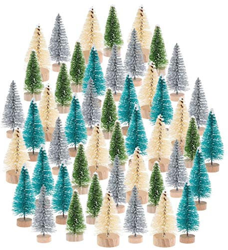 Peerless 48Pcs Mini Christmas Pine Trees with Wood Base Artificial Sisal Trees Bottle Brush Trees for Winter Snow Miniature Scenes DIY Christmas Crafts Xmas Home Desk Tabletop Decor