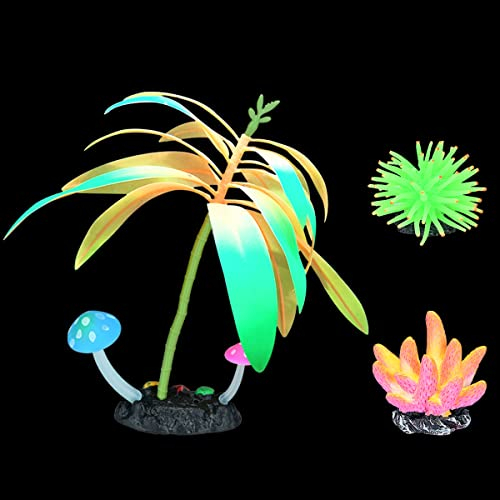 Podazz Glowing Aquarium Dekoration Koralle Pflanze Ornament Glowing Effect Silikon Künstliche Dekoration für Aquarium Landschaft 3er Set (Single Branch Yellow Coral Set)
