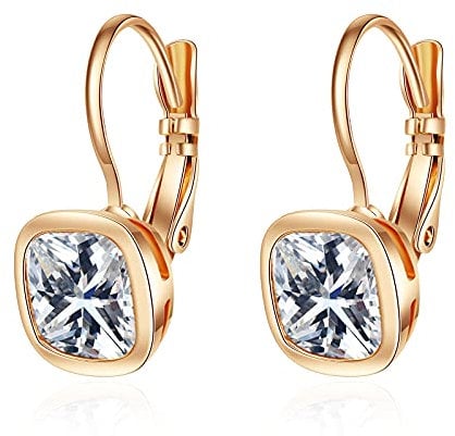 VONSSY Crystal Drop Dangle Rosegold Plated Earrings Leverback Hoop Hanging Square Zircon Jewelry Gift for Women Mother Wife