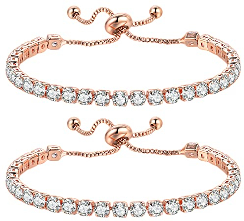 JewelryWe 2 Stück Armband Damen mit Zirkonia Steinchen, Tennisarmband Armkette Armreif Armschmuck Geschenk für Mutter, Freundin Verstellbar Rosegold