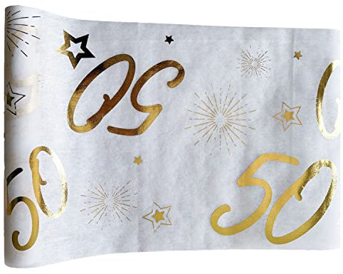 Tralala Fêtes© – Tischläufer 50. Geburtstag – dekoratives Tischband für Tafelaufsätze - Schicke Tischdekoration in Weiß und Gold - Hochglanzrolle 31,5 x 500 cm – Tischdecke (50 Jahre)