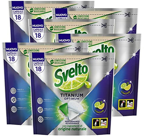 6x Svelto Titanium Optimum Capsule per Lavastoviglie Profumo Limone con Ingredienti di Origine Naturale - 6 Confezioni da 18 Pastiglie
