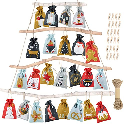 24pcs Bolsa Calendario de Adviento Vacío para Rellenar de Lino con Pinzas Madera y Cuerda de Cáñamo para Decoración Navidad Adornos Navideño