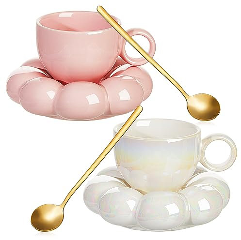 Keramiktasse mit Wolkenmotiv, niedliche Tasse mit Untersetzer, 200 ml, süße Keramik-Kaffeetasse mit Untertasse, Set für Büro, Zuhause, Kaffee, Tee, Latte-Milch, Rosa und Perlweiß (Sonnenblume)