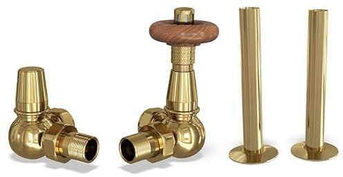 UK Radiators Polished Brass Thermostatic Radiator Valves and Corner Lockshield Valve - Polished Brass Finish - Traditional Design 1/2 x 15mm Corner Radiator Valves with 130mm Pipe Sleeves