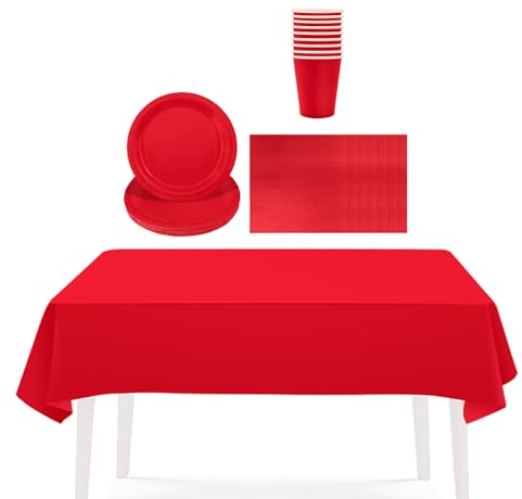 Solid Color Red Tableware Set Decor,20 Paper Napkins 16 Cups Plates in Red,1P Large Plastic Tablecloth Disposable Birthday Decorations for Him,Her, Men,Women,Adults Party,Kids Christmas Party