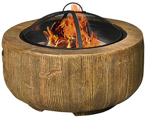 Outsunny Bol de feu, Foyer avec Couvercle, Panier de feu avec tisonnier, en Design de souche, pour Jardin, Camping, terrasse, Acier, MgO, Brun