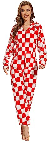 XMASCOMING Damen & Herren Kapuzen Fleece Onesies Einteiler Pyjama, Rot-weißes Plaid, M