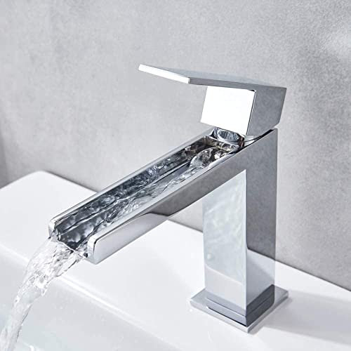 WENKA Robinets, robinets de cuisine, robinet de lavabo à bec long en cascade, robinet d'eau chaude et froide à poignée unique en laiton chromé, trou de robinet de lavabo de salle de bain monté sur