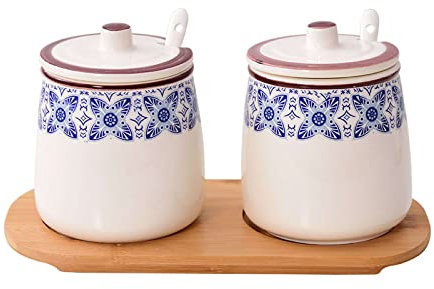 Azucarero de ceramica,recipientes para especias, Azucarero con diseño de flores azules con tapa y cuchara, tarro de cerámica for almacenamiento de azúcar de 430 ml (15 oz), azucarero de porcelana, for