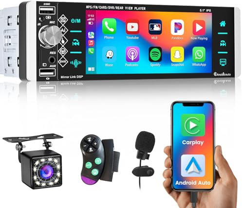 Hikity Radio Coche 1 DIN Carplay Android Auto con EQ FM RDS, Radio para Coche Bluetooth con Pantalla Táctil 5,1 Pulgadas Mirror Link USB/AUX/SD Asistente de Voz+ Cámara Trasera