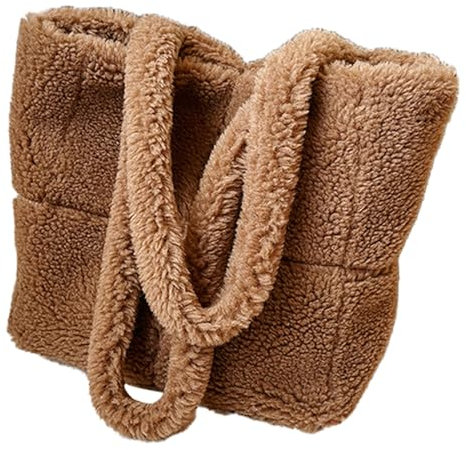 Obelunrp Flauschige Einkaufstasche, 16,5 -Zoll -Plüschflausch -Beutel, große Kapazität warmer Puffer Umhängetasche, Winter -Fuzzy -Handtasche für Frauen Mädchen (Kaffee)