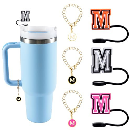 Khxriypha 3 cubiertas de popote para taza Stanley de 30 y 40 onzas, 10 mm, de silicona, con 3 accesorios de taza Stanley, dijes de letras, identificación, asa de letra inicial, dije personalizado para