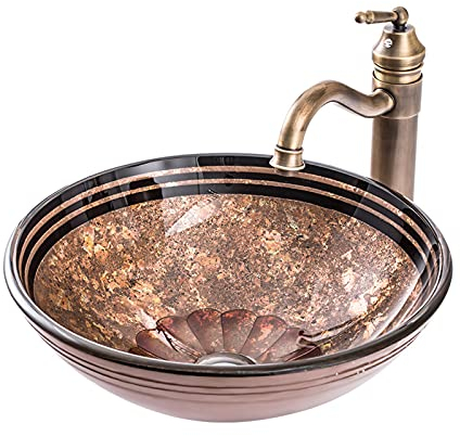 CCKUHN 420 mm Badezimmer-Waschbecken, rundes Waschbecken mit Wasserhahn, Aufsatzwaschbecken aus gehärtetem Glas, handbemaltes Waschbecken, Retro-Heimdekoration (gelbes Waschbecken + Wasse