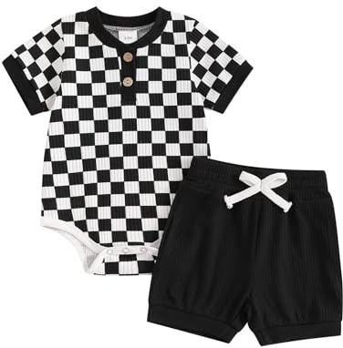 PanLidapan Newborn Baby Boys Summer Bodysuit Outfit Checkerboard Short Sleeve Romper Set Elastic Waist Drawstring Shorts 2Pcs Clothes Set (Black, 0-3 Months)