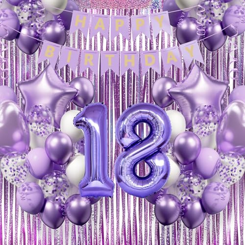 18. Geburtstagsdeko Mädchen, Lila-Weiß Luftballons Geburtstag Deko Zubehör Set, Geburtstag Partydekoration für 18 jährige Junge Frau