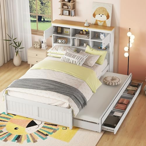 Bett 140x200cm mit Bücherregal Schrank, Kinderbett Jugendbett mit ausziehbarem Bett und 3 Schubladen, Funktionsbett Gästebett Holzbett Doppelbett Bettliege mit Regalwand, inkl. Lattenrost, Weiß