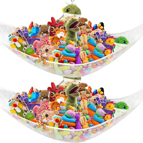 2 Pack Stuffed Animal Hammock Corner Storage - Girls Large Toy Net Room Decor for Teddy Bear, Plush Toys in Playroom, Bedroom, Living Room (White)
