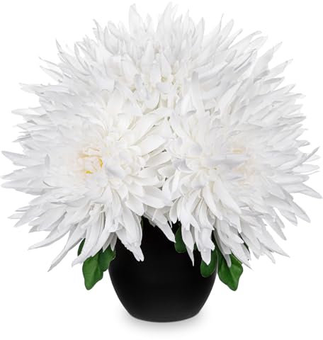 Oairse Chrysanthemum Artificial Flowers Potted 5 Large Silk Flowers Heads in Black Pot White Fake Chrysanthemum for Flora Arrangement Home Office Bathroom Shelf Table centerpiece Decoration