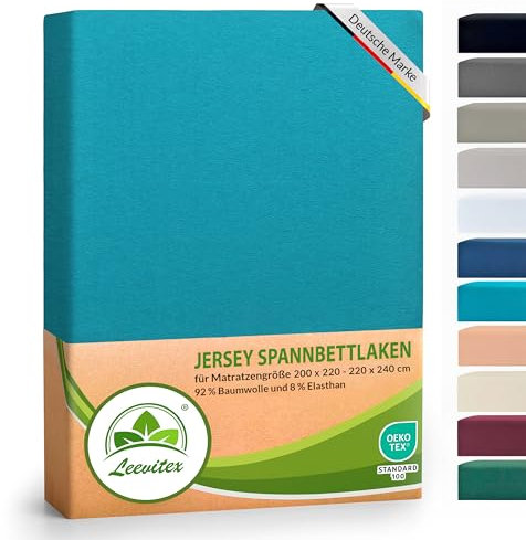 leevitex® Luxus Elasthan Jersey Spannbettlaken | 200x220 – 220x240 cm | Multistretch | 250 g/m² | 92% Mako-Baumwolle und 8% Elasthan | 40cm Steghöhe | außergewöhnlich hochwertige Ausführung | Petrol