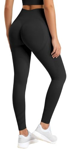 Zhiaek Sport Leggings Damen Booty Scrunch Push Up Blickdicht Sportleggins Lang Nahtlose Gym Leggings High Waist Seamless Yoga Hosen Sporthose Schwarz S