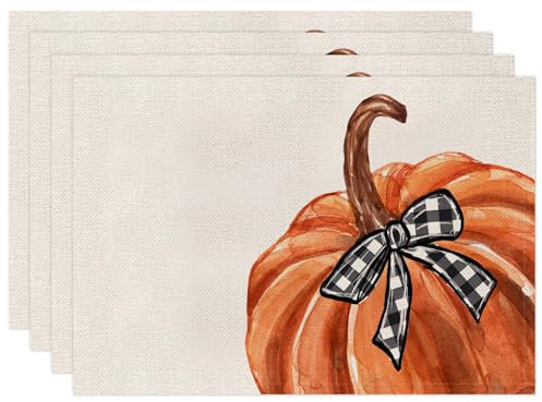 4er Set Platzset Herbst Tischset Herbst Leinen Platzdeckchen 30x45cm Herbst Tischsets mit Kürbis Ahornblätter Herbstdeko Halloween Tischsets (02)