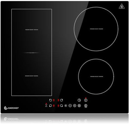 AMZCHEF Piano cottura induzione 4 zone 60cm con zone flessibili, funzione boost e 9 livelli di potenza, funzione pausa, timer, blocco di sicurezza, protezione contro il surriscaldamento, BBQ, 7200W