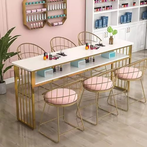 KK-GGL Simple Manicure Table, Marble Texture Nail Desk for Nail Tech, Nail Desk with Open Shelves, Professional Nail Salon Desk for Manicure Store, Beauty Salon Workstation,A 160cm