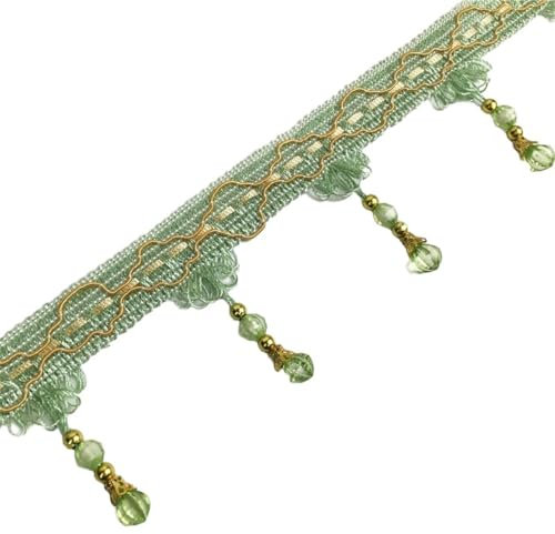 Whakano 2m Fransenborte mit Perlen 7cm Breite Meterware,Quastenborte zum Basteln Trim Borte Fringe Spitzenband Zierband Dekoborte,Band für DIY Nähen Basteln Kleidung,Vorhänge,Schal Dekoration,Grün