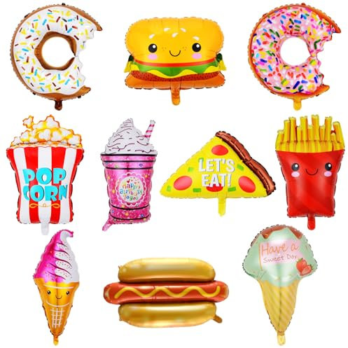 10 Stück Donut Luftballons, Eiscreme Donut Folienballons Set, Eiscreme Helium Ballons, Pommes Popcorn Folienluftballon, Hamburger Luftballons, Food Themed Balloons für Kinder Party Deko