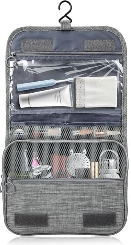 Trousse de Toilette à Suspendre, Trousse de Toilette Homme pour Voyage, Trousse de Toilette avec Plusieurs Compartiments et Poches en Filet, Trousse Toilette de Voyage pour Hommes et Femmes, Gris