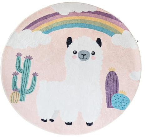 Heimtrend Kinder Teppich rund Ø 120 cm – Waschbar & rutschfest | Flauschiger Spielteppich [Alpaka-Motiv] für Jungen & Mädchen – Kinderzimmer, Babyzimmer, Wohnzimmer – Jetzt entdecken!