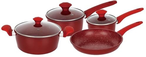 Herzberg, HG04715-RED, Ensemble complet de batterie de cuisine avec revêtement antiadhésif, rétention de chaleur, poignées ergonomiques, facile à nettoyer, 7 Pièces, Rouge