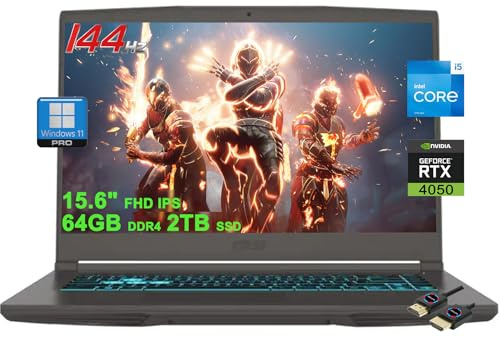 MSI Ordinateur portable de jeu Thin 15 | 15,6 po FHD IPS 144 Hz | Intel 8-core i5-13420H (>i7-11800H) | 64 Go DDR4 2 To SSD | GeForce RTX 4050 | USB-C Win11Pro rétroéclairé avec accessoire DLCA
