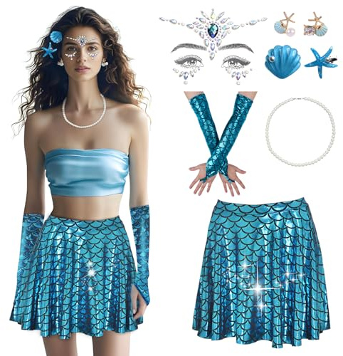 RoserRose Damen Meerjungfrau Kostüm 8 Set, Fischschuppen Rock+Handschuhe Meerjungfrau+2 Haarspange+Seestern Ohrringe+Perlenkette+Edelsteine Gesichtstattoo für Karneval Mottoparty Kostüm Accessoires