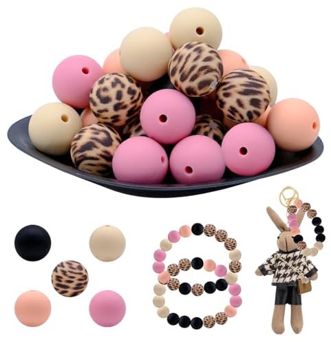 Bakiauli 50 Pcs 15mm Silicone Beads for Keychain Making, 5 Colors: Pink, Navajo White, Dark Rose Brown, Leopard Print