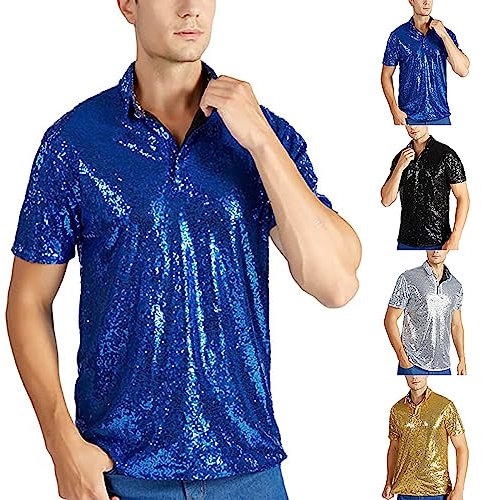 Generisch Glitzer Tshirt Herren Blau - 70er Pailletten Hemd Disco Party Oberteile Nightclub Glitzer Poloshirts