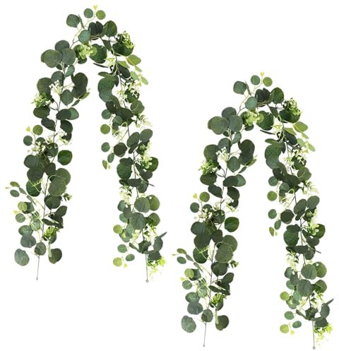 Durdiiy 2 Stück 12FT Künstliche Eukalyptus Girlande, Künstliche Girlanden Eukalyptus Grüne Blätter Weiße Blume Eukalyptus Deko, Eukalyptus Künstlich Girlande Hochzeitsdeko, Pflanzen Girlande Grün