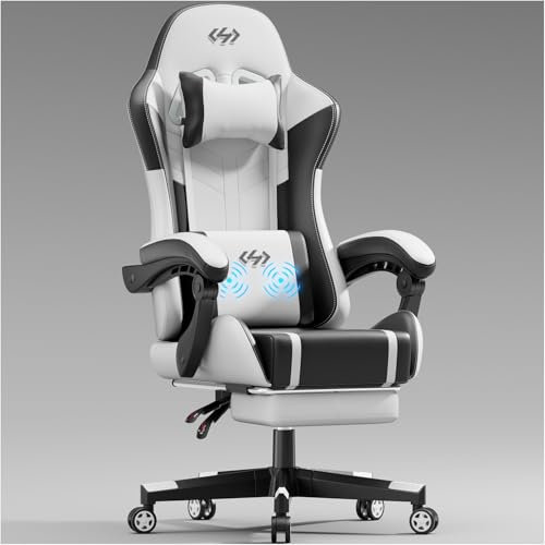HLFURNIEU Silla Gaming con Masajeador, Silla Gamer Ergonómica con Cojín Lumbar Masajeador y Reposapiés, Sillón Gamer Altura Ajustable, Cadeira Gaming Negro y Blanco
