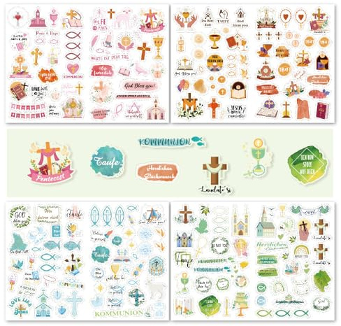 LunarCharm 4 Bögen Sticker Kinder Aufkleber Set, für Kommunion, Konfirmation, Taufe, Stickerbögen Aufkleber Kommunion,für Gästebuch Fotoalbum, für Mädchen und Junge
